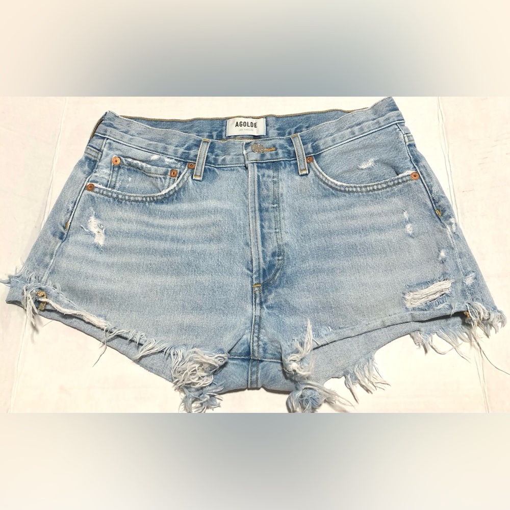 Agolde Light Wash Distressed Denim Cutoff Shorts